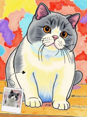 Custom child's drawing style pet portrait, funny digital pet illustration for print