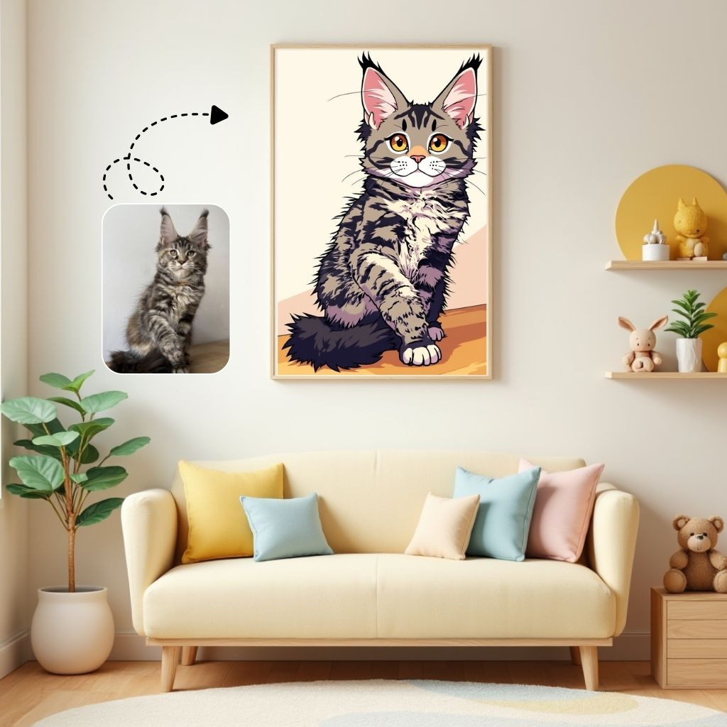 Mockup_03 Custom Cat Cartoon Portrait, Maine Coon, Pet Portrait from Photo