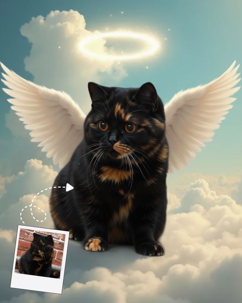 Memorial Angel Wing Tribute Cat Portrait, memorial cat portrait