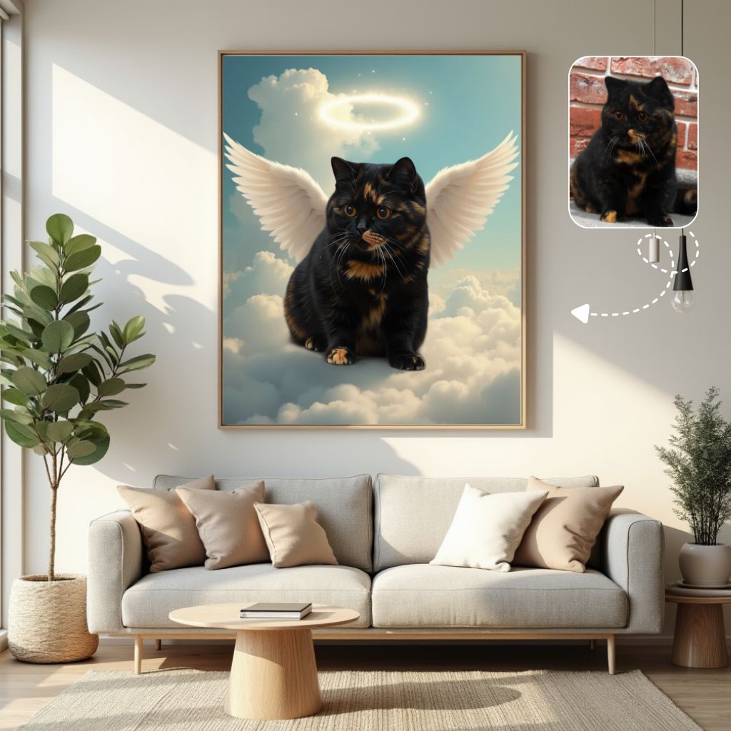 Memorial Angel Wing Tribute Cat Portrait, Simple Pet Tribute