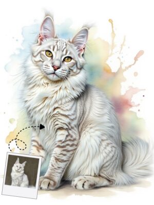 Custom watercolor pet portrait digital download, personalized pet loss memorial art, Maine Coon