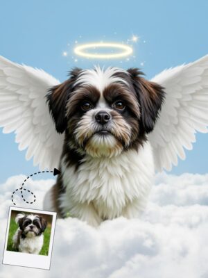 Digital pet angel portrait with wings, personalized pet memorial art for social media