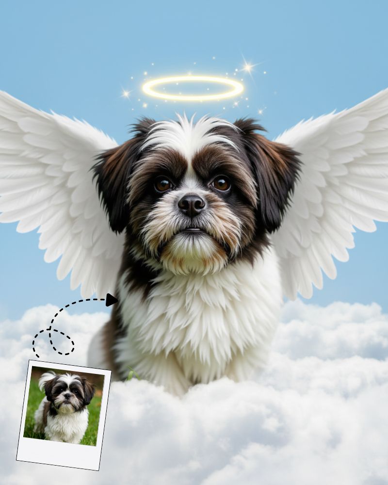 Digital pet angel portrait with wings, personalized pet memorial art for social media